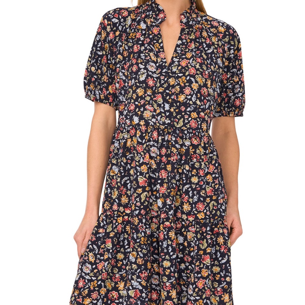 Navy Cece floral short puff sleeve dress